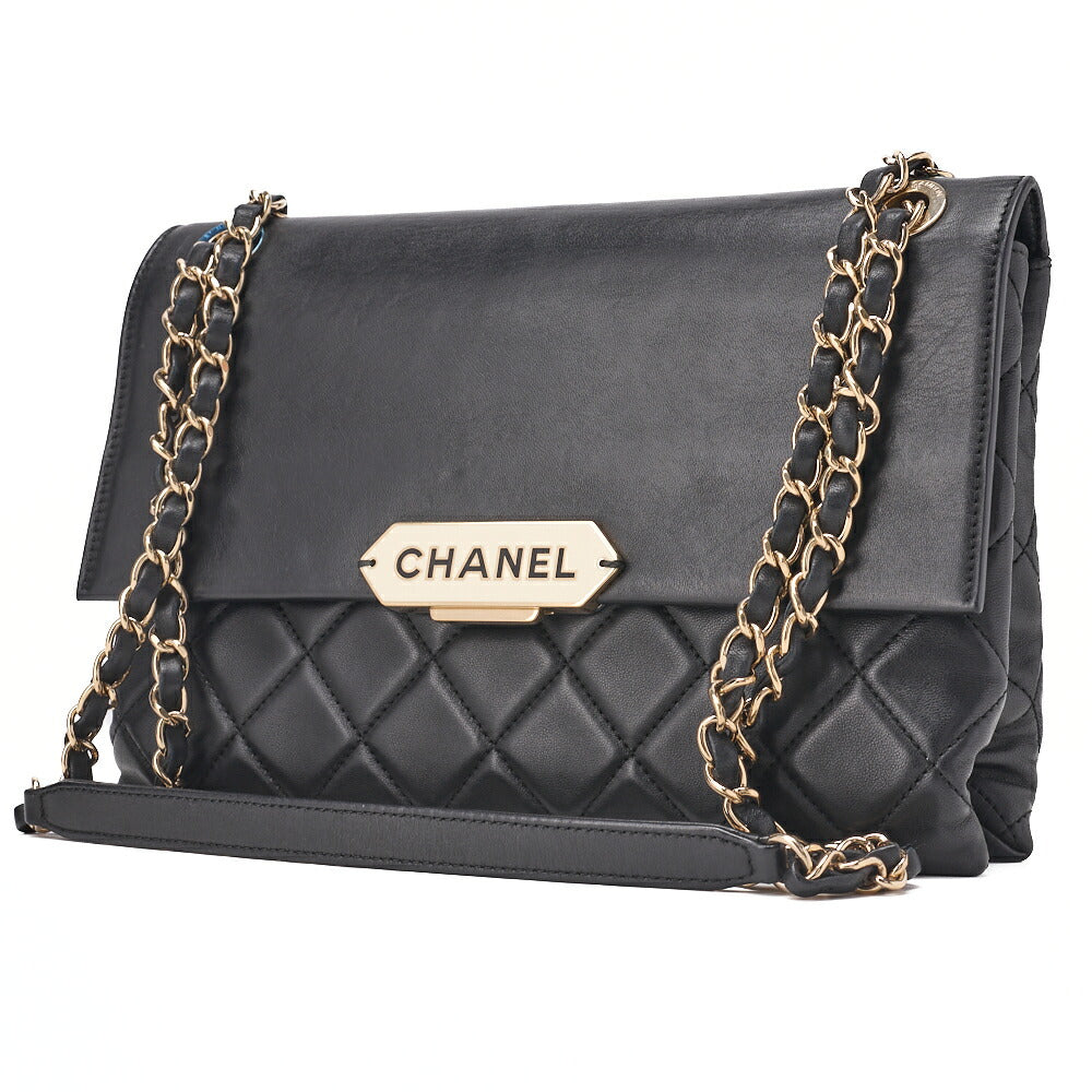 CHANEL Matelassé Push Lock Logo Chain Shoulder Lambskin Black Gold-Tone Hardware, Pre-Owned