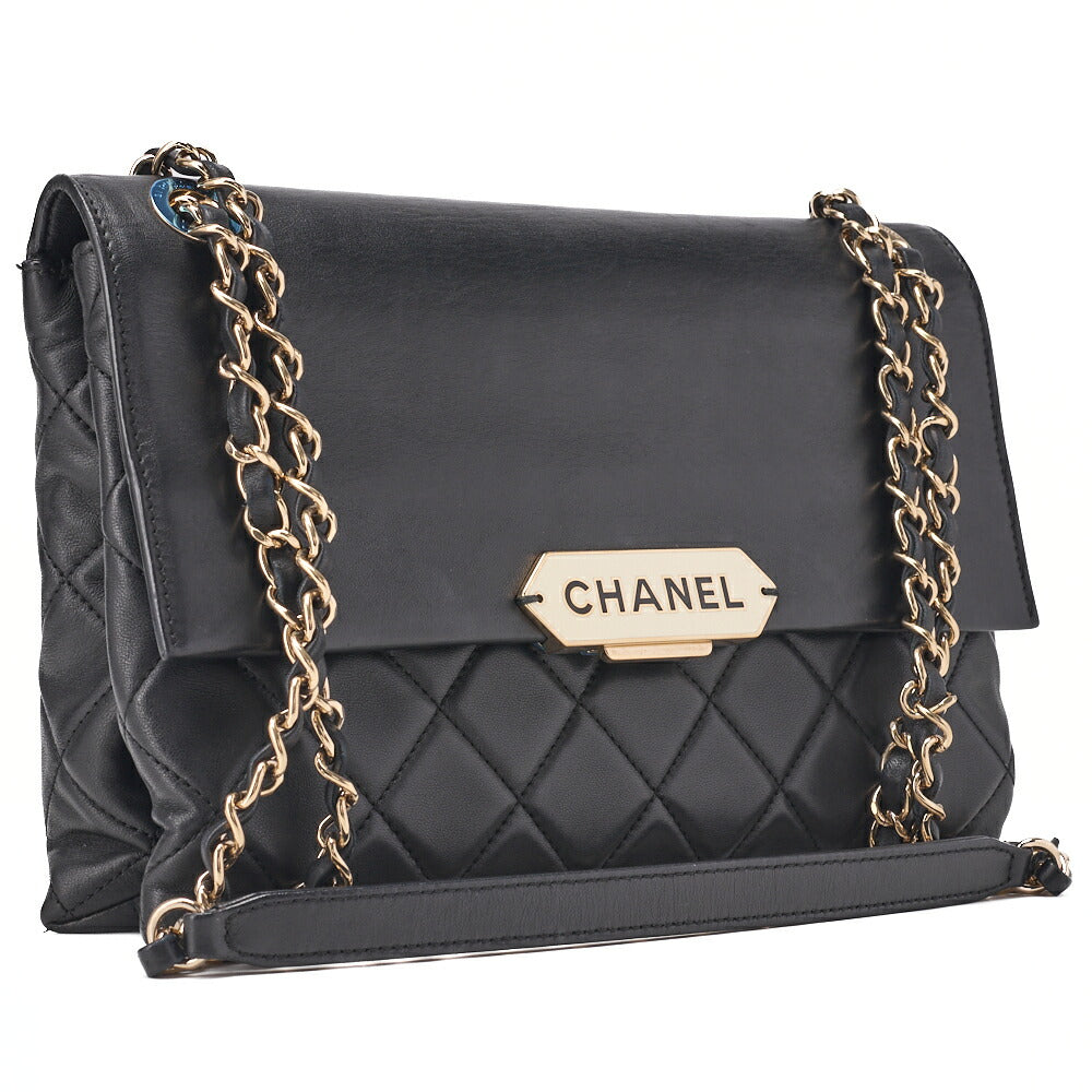 CHANEL Matelassé Push Lock Logo Chain Shoulder Lambskin Black Gold-Tone Hardware, Pre-Owned