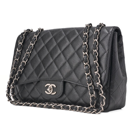 CHANEL Chain Shoulder Bag Deca Matelassé 30cm Single Flap Caviar Skin Black Gold-Tone Hardware, Pre-Owned