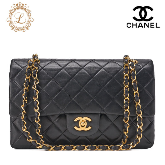 CHANEL Shoulder Bag Matelassé Double Flap 25cm Chain Shoulder Lambskin Black Gold-Tone Hardware, Pre-Owned