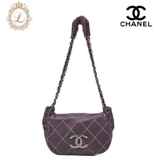 CHANEL Shoulder Bag Matelassé Wild Stitch Big Coco Lambskin Purple Silver-Tone Hardware, Pre-Owned