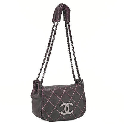 CHANEL Shoulder Bag Matelassé Wild Stitch Big Coco Lambskin Purple Silver-Tone Hardware, Pre-Owned