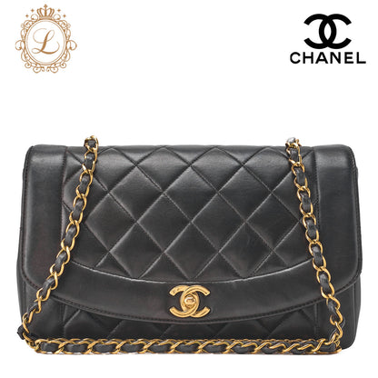 CHANEL Shoulder Bag Matelassé Lambskin Diana Flap Chain Shoulder Black Gold-Tone Hardware, Pre-Owned