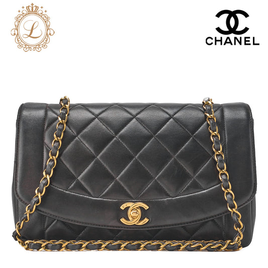 CHANEL Shoulder Bag Matelassé Lambskin Diana Flap Chain Shoulder Black Gold-Tone Hardware, Pre-Owned
