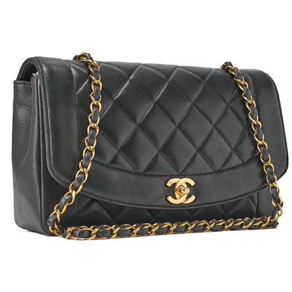CHANEL Shoulder Bag Matelassé Lambskin Diana Flap Chain Shoulder Black Gold-Tone Hardware, Pre-Owned