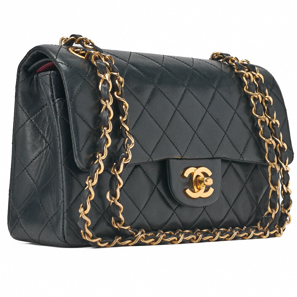 CHANEL Chain Shoulder Bag Matelassé Double Flap 23cm Lambskin Dark Navy Gold-Tone Hardware, Pre-Owned