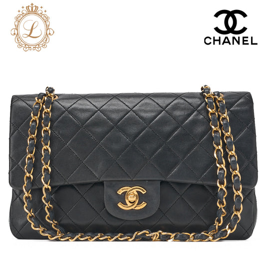 CHANEL Shoulder Bag Matelassé Double Flap 25cm Chain Shoulder Lambskin Black Gold-Tone Hardware, Pre-Owned