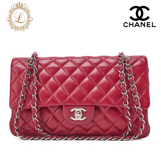 CHANEL Shoulder Bag Matelassé Double Flap 25cm Chain Shoulder Caviar Skin Red Silver-Tone Hardware, Pre-Owned