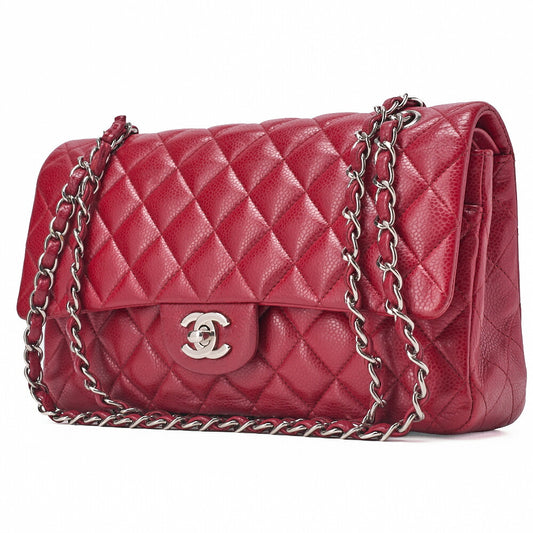 CHANEL Shoulder Bag Matelassé Double Flap 25cm Chain Shoulder Caviar Skin Red Silver-Tone Hardware, Pre-Owned
