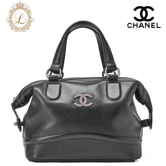 CHANEL Handbag Mini Boston Bag Calfskin Matelassé Coco Mark Black Silver-Tone Hardware, Pre-Owned