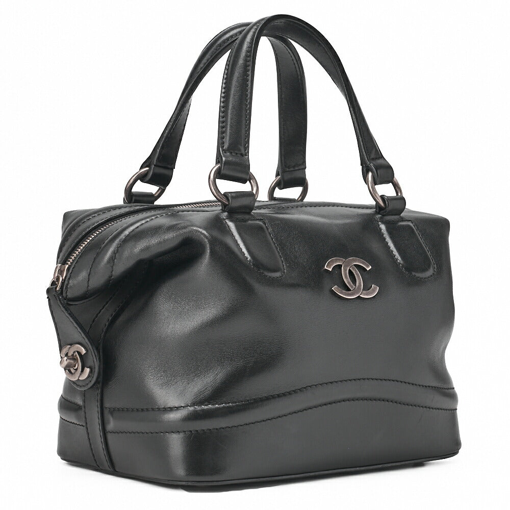 CHANEL Handbag Mini Boston Bag Calfskin Matelassé Coco Mark Black Silver-Tone Hardware, Pre-Owned