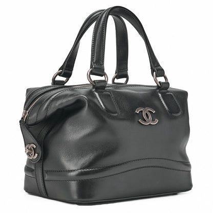 CHANEL Handbag Mini Boston Bag Calfskin Matelassé Coco Mark Black Silver-Tone Hardware, Pre-Owned