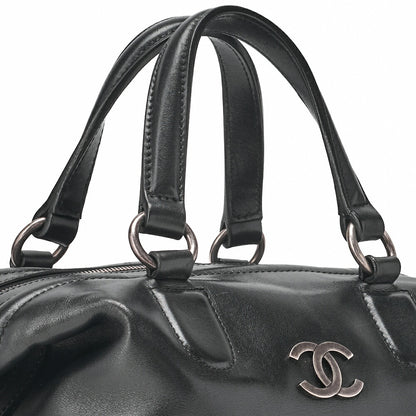 CHANEL Handbag Mini Boston Bag Calfskin Matelassé Coco Mark Black Silver-Tone Hardware, Pre-Owned