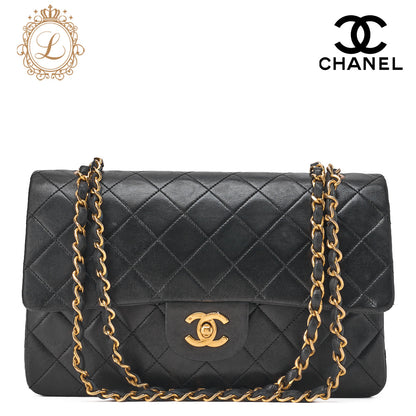 CHANEL Shoulder Bag Matelassé Double Flap 25cm Chain Shoulder Lambskin Black Gold-Tone Hardware, Pre-Owned