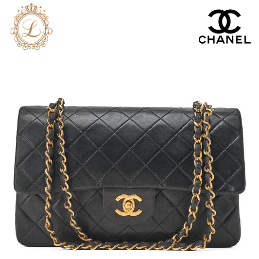 CHANEL Shoulder Bag Matelassé Double Flap 25cm Chain Shoulder Lambskin Black Gold-Tone Hardware, Pre-Owned