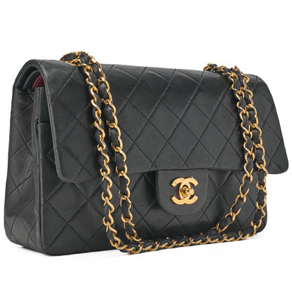 CHANEL Shoulder Bag Matelassé Double Flap 25cm Chain Shoulder Lambskin Black Gold-Tone Hardware, Pre-Owned