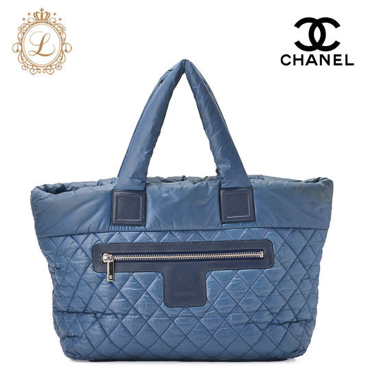 CHANEL Tote Bag Nylon Navy Coco Large Tote Silver-Tone Hardware, Pre-Owned