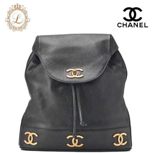 CHANEL Backpack Caviar Skin Triple Coco Turnlock Black Gold-Tone Hardware, Pre-Owned