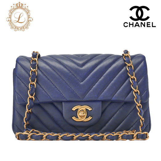 CHANEL Shoulder Bag Lambskin V Stitch Navy Coco Mark Single Flap Gold-Tone Hardware, Pre-Owned