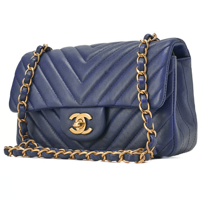 CHANEL Shoulder Bag Lambskin V Stitch Navy Coco Mark Single Flap Gold-Tone Hardware, Pre-Owned