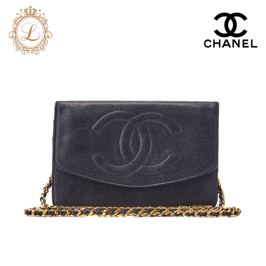 CHANEL Shoulder Bag Chain Wallet Caviar Skin Black Silver-Tone Hardware, Pre-Owned