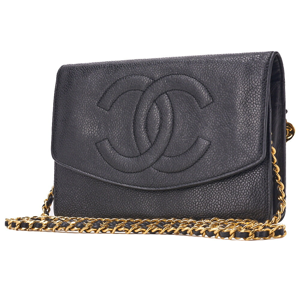 CHANEL Shoulder Bag Chain Wallet Caviar Skin Black Silver-Tone Hardware, Pre-Owned