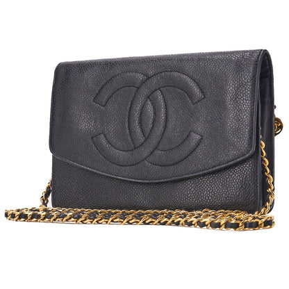 CHANEL Shoulder Bag Chain Wallet Caviar Skin Black Silver-Tone Hardware, Pre-Owned
