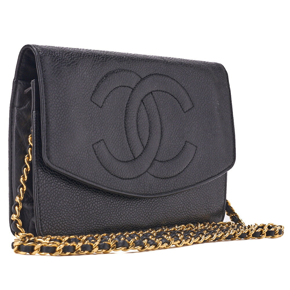 CHANEL Shoulder Bag Chain Wallet Caviar Skin Black Silver-Tone Hardware, Pre-Owned