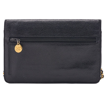 CHANEL Shoulder Bag Chain Wallet Caviar Skin Black Silver-Tone Hardware, Pre-Owned