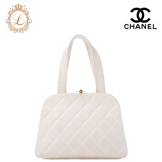 CHANEL Handbag Matelassé Mouth Coco Mark Caviar Skin White Gold-Tone Hardware, Pre-Owned