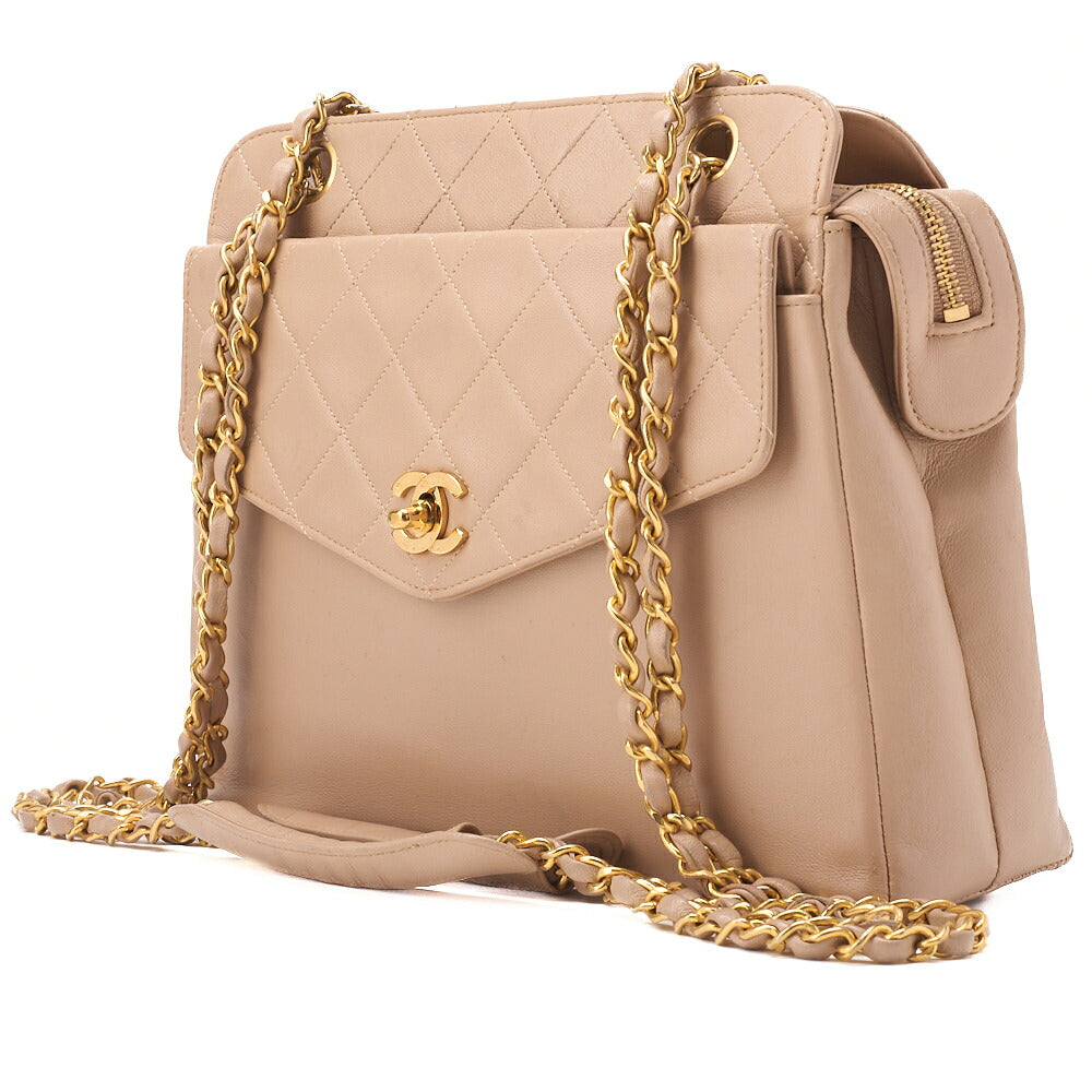 CHANEL Chain Shoulder Bag Outside Flap Circle Coco Charm Lambskin Beige Gold-Tone Hardware, Pre-Owned