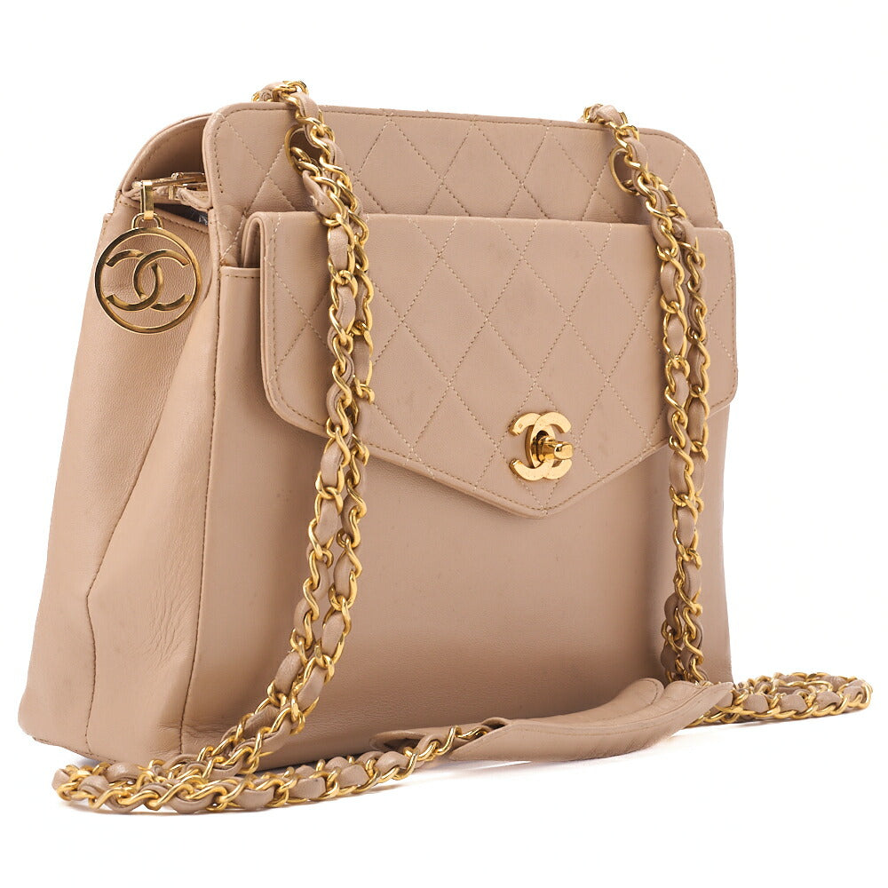 CHANEL Chain Shoulder Bag Outside Flap Circle Coco Charm Lambskin Beige Gold-Tone Hardware, Pre-Owned