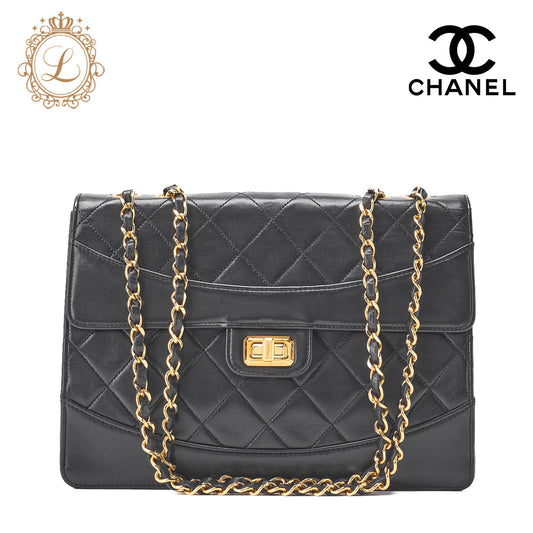CHANEL Chain Shoulder Bag Matelassé 2.55 Turnlock Black Lambskin Gold-Tone Hardware, Pre-Owned