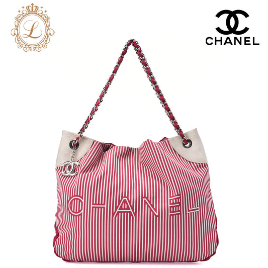 CHANEL Chain Shoulder Bag with Coco Charm Stripe Pattern Canvas Bicolor Silver-Tone Hardware, Pre-Owned