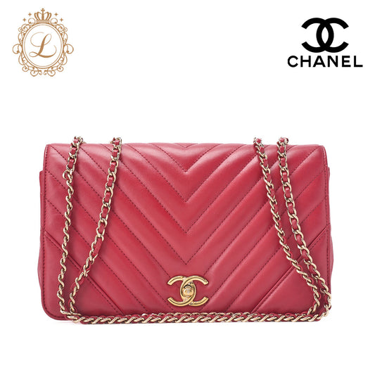 CHANEL Shoulder Bag Calfskin V-Stitch Red Cocomark Single Flap Gold-Tone Hardware, Pre-Owned