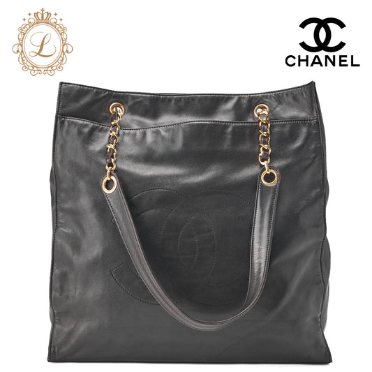 CHANEL Shoulder Bag Coco Mark Lambskin Black Large Size Gold-Tone Hardware, Pre-Owned