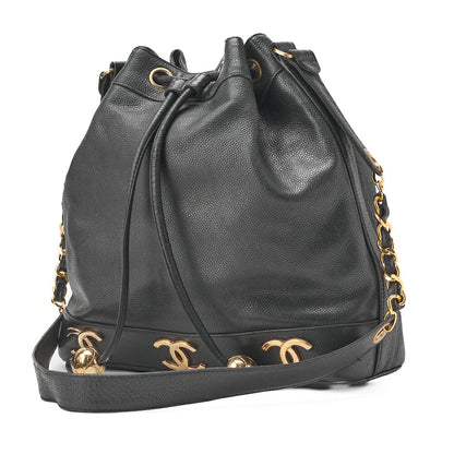 CHANEL Chain Shoulder Bag Triple Coco Caviar Skin Ball Charm Drawstring Black Gold-Tone Hardware, Pre-Owned