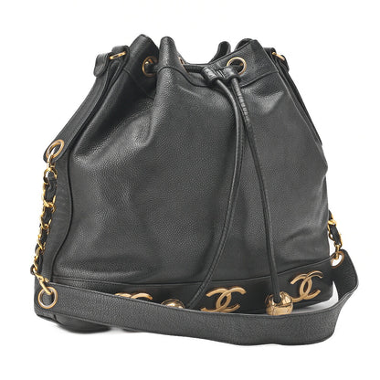 CHANEL Chain Shoulder Bag Triple Coco Caviar Skin Ball Charm Drawstring Black Gold-Tone Hardware, Pre-Owned
