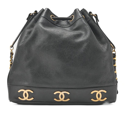 CHANEL Chain Shoulder Bag Triple Coco Caviar Skin Ball Charm Drawstring Black Gold-Tone Hardware, Pre-Owned