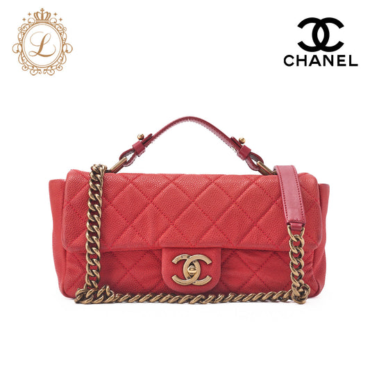 CHANEL Chain Shoulder Bag Matelassé Turnlock 2way Caviar Skin Red Gold-Tone Hardware, Pre-Owned