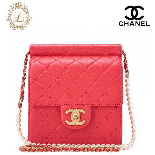 CHANEL Chain Shoulder Matelassé  Pearl Chain Chain Wallet Lambskin Red Gold-Tone Hardware, Pre-Owned