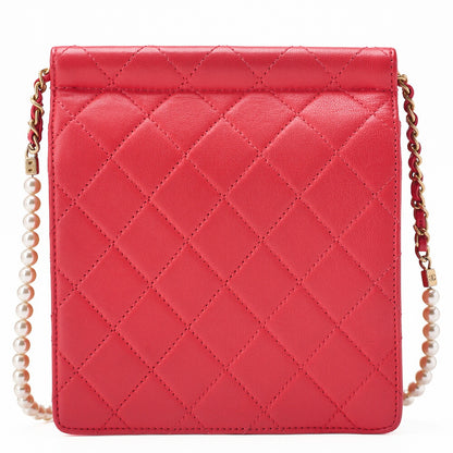 CHANEL Chain Shoulder Matelassé  Pearl Chain Chain Wallet Lambskin Red Gold-Tone Hardware, Pre-Owned