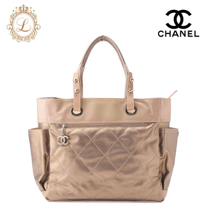 CHANEL Handbag Boston Bag Paris Biarritz Coated Canvas Coco Charm Black Silver-Tone Hardware, Pre-Owned