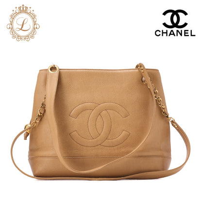 CHANEL Shoulder Bag Coco Mark Ball Charm Caviar Skin Black Gold-Tone Hardware, Pre-Owned