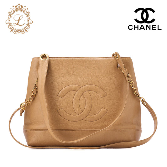 CHANEL Shoulder Bag Coco Mark Ball Charm Caviar Skin Black Gold-Tone Hardware, Pre-Owned