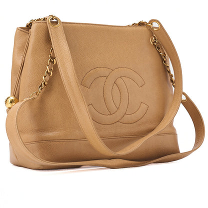 CHANEL Shoulder Bag Coco Mark Ball Charm Caviar Skin Black Gold-Tone Hardware, Pre-Owned