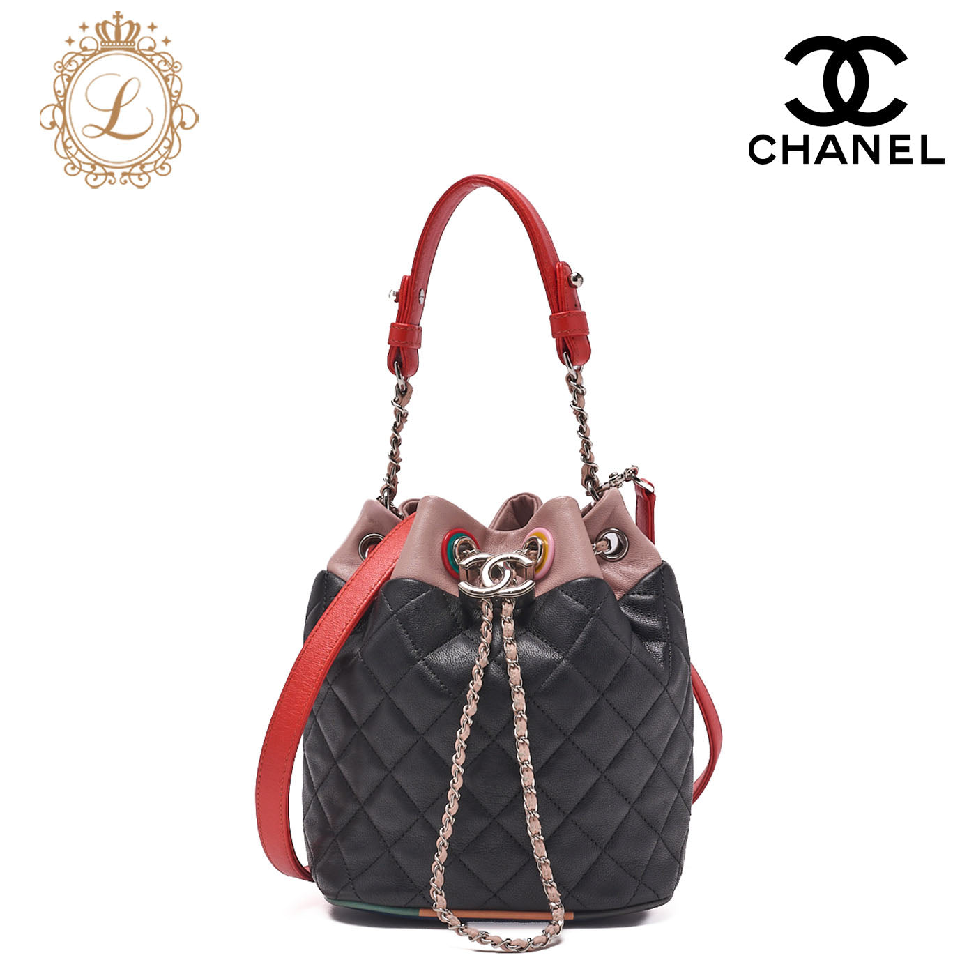 CHANEL Coco Mark Circle Coco Drawstring Shoulder Bag Lambskin White Gold-Tone Hardware, Pre-Owned