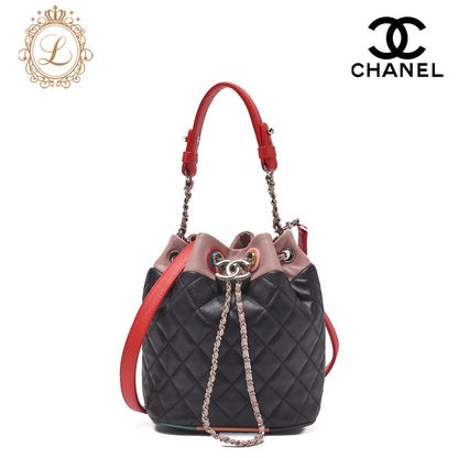 CHANEL Coco Mark Circle Coco Drawstring Shoulder Bag Lambskin White Gold-Tone Hardware, Pre-Owned