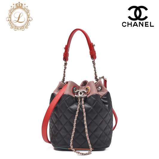 CHANEL Coco Mark Circle Coco Drawstring Shoulder Bag Lambskin White Gold-Tone Hardware, Pre-Owned
