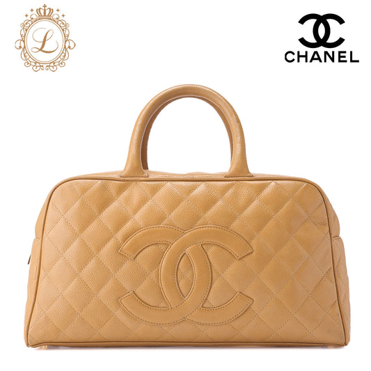 CHANEL Handbag Boston Bag Caviar Skin Matelassé Coco Mark Beige Gold-Tone Hardware, Pre-Owned